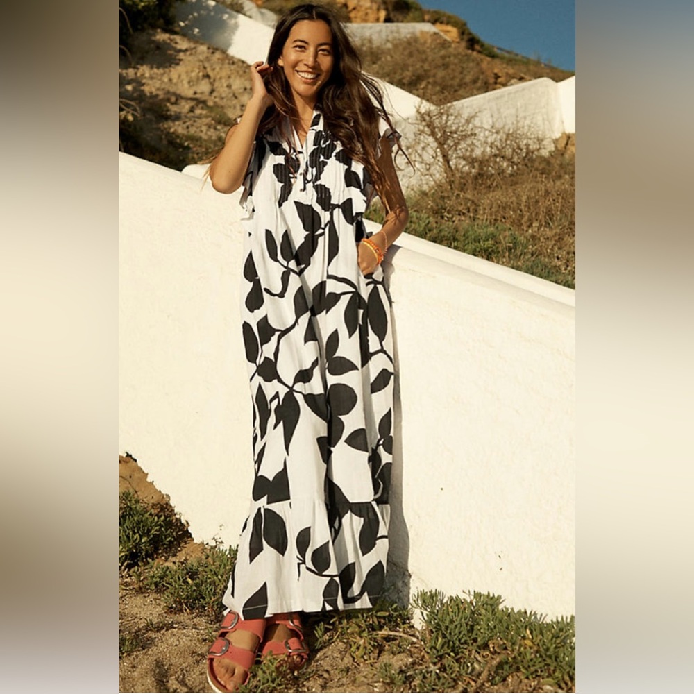 Anthropologie Black and White Leaf Maxi Dress